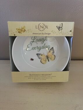 Lenox White Butterfly Meadow Sentiment Bowl with Yellow Accent